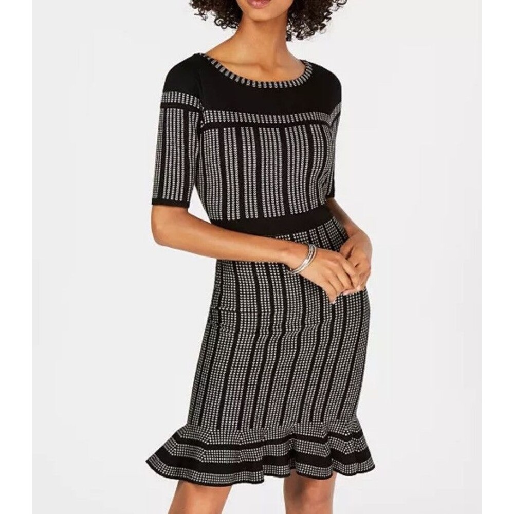 Taylor Women's Short Sleeve Flounce Hem Stripe Dress, Large, Black / Champagne